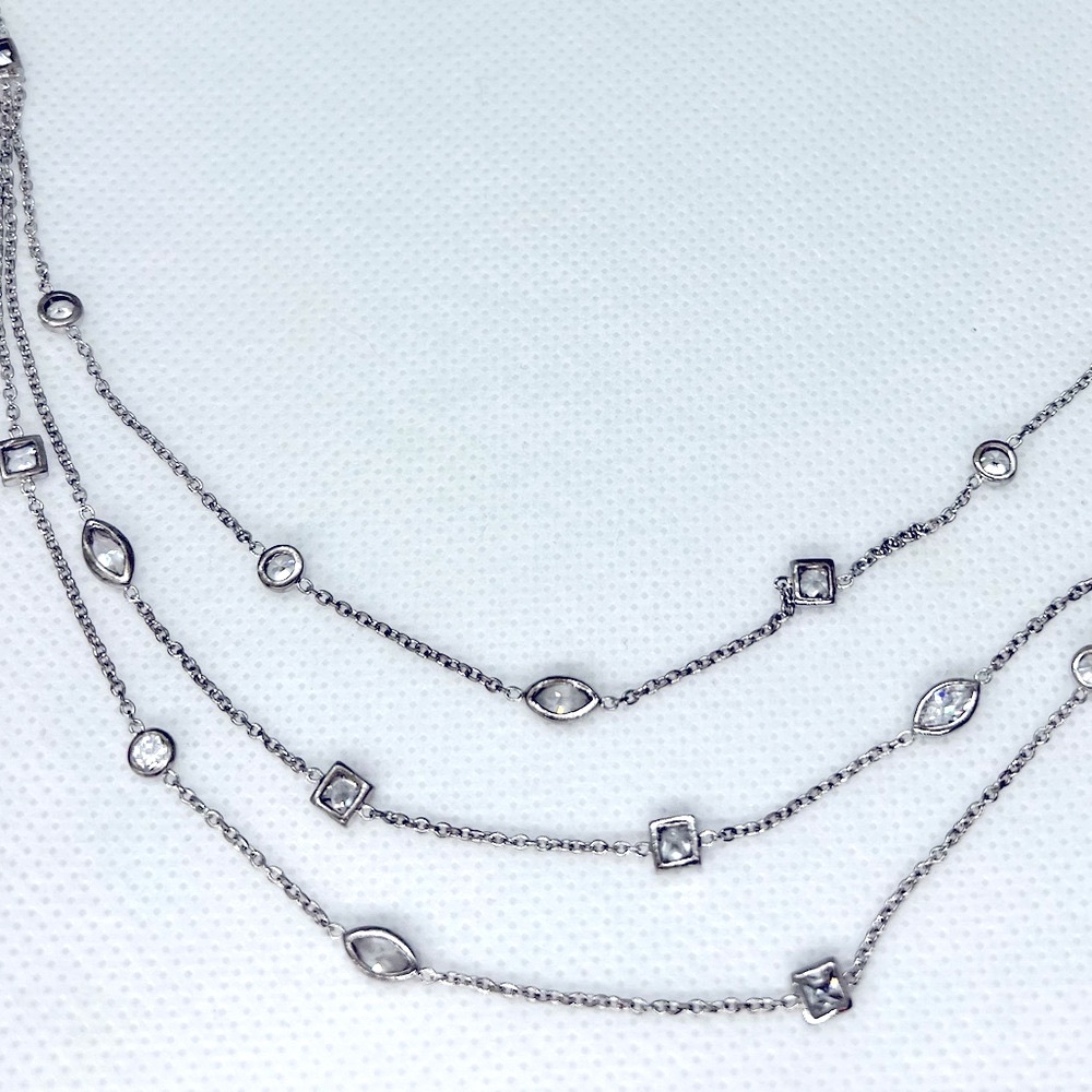 STAMPED 925 KP STERLING SILVER TRIPLE LAYER CZ NECKLACE! 16” - 18”!